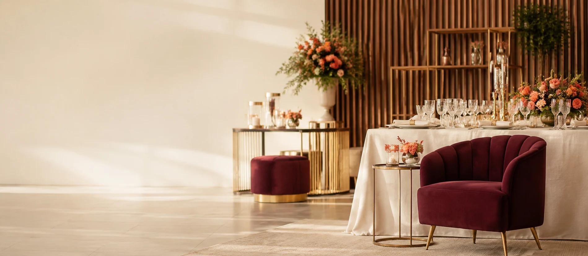 Ambiente elegante preparado para uma celebração, com flores, mesa posta e poltrona em tom vinho